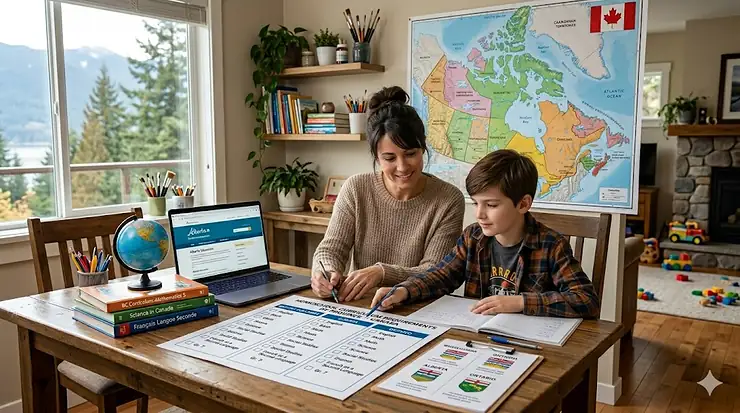 A Canadian family reviewing homeschool supplies and provincial curriculum requirements on a laptop with a map of Canada in the background. homeschool supplies Canada curriculum requirements