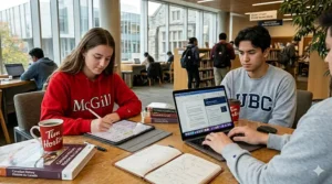 McGill and UBC students studying together with their iPad and MacBook screens showing 'Last Synced via iCloud' status bars for seamless note-taking.