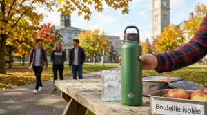 An insulated stainless steel water bottle for students sitting on a wooden table in a natural outdoor setting.