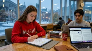 A McGill student writing notes on an iPad during a snowy Canadian dusk, featuring a high-detail battery icon showing a full charge.