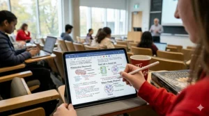 Close-up of a McGill student using an Apple Pencil to write detailed cell biology notes on an iPad during a university lecture.