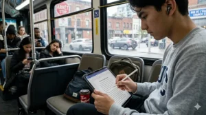 A UBC student using an iPad and Apple Pencil for on-the-go note-taking while commuting on a Canadian city bus with bilingual street signs visible outside.