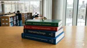 A symbolic Canadian iron ring resting on a stack of first-year engineering textbooks, representing the professional path of Canadian engineering students.