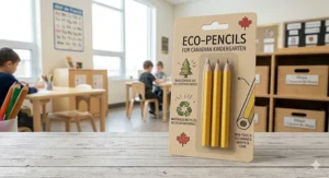 A 4K photorealistic close-up photograph of a child's hand holding a thick, triangular yellow beginner pencil with a large pink eraser, showing high detail in a sunlit Canadian kindergarten classroom.