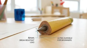 A 4K photorealistic flat-lay on a light wood Canadian kindergarten desk, showcasing a "Starter Kit" featuring three thick yellow triangular beginner pencils, a blue manual sharpener, and a primary-lined exercise book with a maple leaf logo.