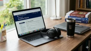 Essential tech for mature students in Canada featuring a modern laptop and noise-cancelling headphones for remote learning.