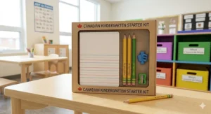 A 4K photorealistic photograph of a young girl in a sunlit Canadian kindergarten classroom comfortably using a thick-barrel triangular beginner pencil with her left hand, demonstrating comfortable grip and control.