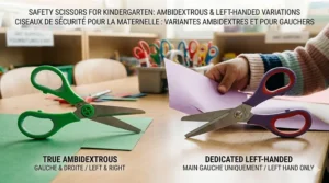 Detailed comparison of ambidextrous and left-handed safety scissors on a wooden classroom table, with a child's hand demonstrating use.