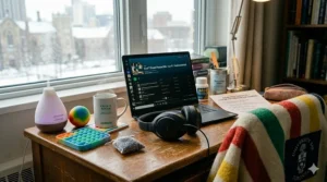 High-quality noise-canceling headphones, essential stress relief supplies for exam season in busy Canadian student centers.