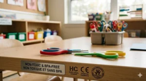 Close-up of colorful safety scissors for kids on a wooden table, featuring visible certifications for being non-toxic, BPA-free, and Health Canada compliant.