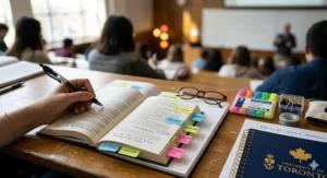 Detailed view of high-quality stationery and sticky notes used by an English literature student for annotating novels during a university lecture.