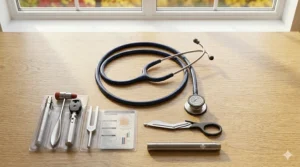 A nursing student in a Canadian hospital wearing professional scrubs with a bilingual Nursing Student / Étudiant en soins infirmiers identification patch.