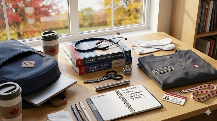 A comprehensive flat lay of first year nursing student supplies in Canada, featuring a blue stethoscope, Canadian Fundamentals of Nursing textbooks, and grey scrubs with a bilingual student patch.