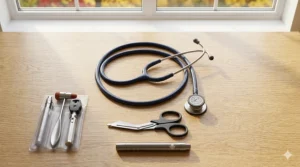 Close-up of nursing student supplies for first year clinicals, including a Littmann stethoscope resting on a Canadian Nursing Drug Reference book.