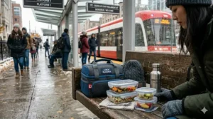 Leak-proof glass bento boxes and an insulated lunch bag with bilingual "Lunch/Déjeuner" labeling, highlighting food storage supplies for commuter students.