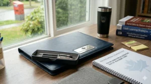 A sleek leather portfolio and professional pen set, ideal back to school supplies for mature students in executive programs.
