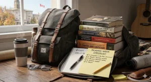 A backpack packed with English literature supplies and a "Reading Week" checklist, reflecting the unique Canadian academic calendar.