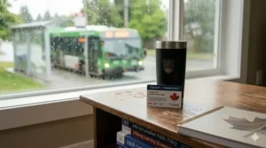 A stainless steel travel mug and a Canadian transit card, essential supplies for mature students commuting to campus.
