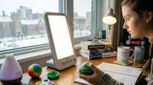 A light therapy lamp used as part of winter stress relief supplies for exam season for Canadian university students.