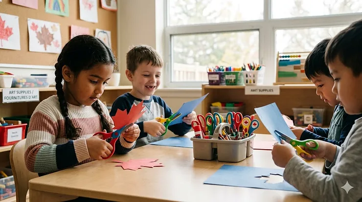 Diverse Canadian kindergarten students practicing fine motor skills with colorful safety scissors in a bright, modern classroom.