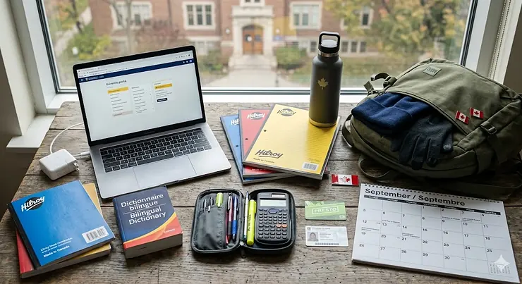 A photorealistic flat lay on a wooden desk showing essential school supplies for international students in Canada: Hilroy notebooks, a laptop, a bilingual English-French dictionary, winter gloves, and a Presto transit pass.