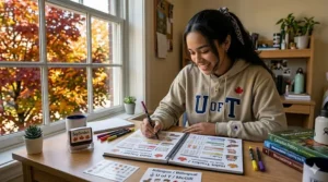Vibrant illustration of a "Back-to-School" habit tracker for students surrounded by Canadian school supplies and autumn colors.