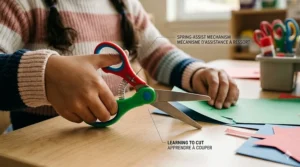 Close-up photograph of kindergarten training scissors with a spring-assist lever and rounded tips, assisting fine motor skill development.