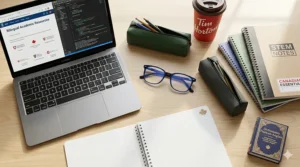 STEM student in Canada wearing blue light blocking glasses for students while working on complex computer programming projects.