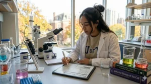A student in a science lab using a digital habit tracker for students to log research hours and lab safety routines.
