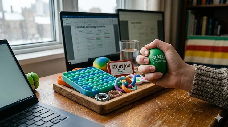 Colorful tactile fidget toys and stress relief supplies for exam season on a desk with a laptop. stress relief supplies for exam season