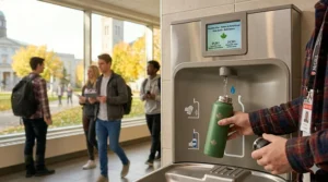 A student refilling a reusable water bottle for students at a modern campus hydration station.