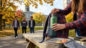 A student placing a leak-proof water bottle for students into a plaid backpack with a school lunch.