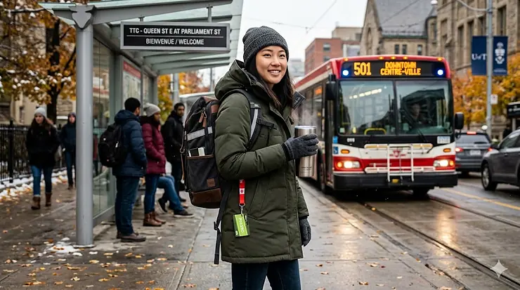A Canadian university student wearing a winter parka, carrying a waterproof backpack and a reusable coffee mug while waiting at a snowy transit shelter.