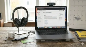 Illustration of a student using a laptop and a North American power adapter, representing necessary tech school supplies for international students arriving in Canada.