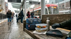 A minimalist wallet holding a Canadian transit card next to noise-canceling headphones, key supplies for a focused commute on the TTC, REM, or SkyTrain.