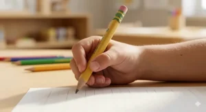 A photorealistic close-up diagram showing the ergonomic tripod grip on a jumbo triangular beginner pencil, suitable for kindergarten fine motor development.