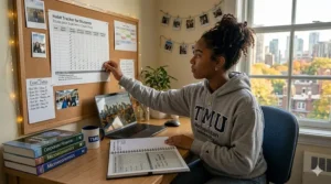Illustration of a cozy university dorm room in Toronto featuring a wall-mounted habit tracker for students to manage exam preparation.