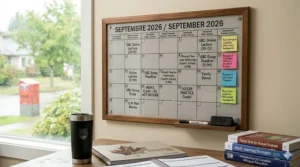 A large wall calendar showing a balanced study and family schedule, a key organizational tool for mature students.