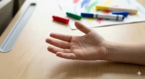 Child in a Canadian classroom showing clean hands after easily washing off washable marker ink with soap and water.