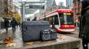A sleek, waterproof laptop sleeve and tech organizer pouch, essential supplies for commuter students navigating wet Vancouver rains or Toronto snow.