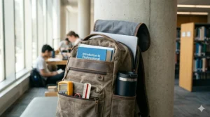 A durable, weatherproof backpack filled with first-year engineering supplies, including a laptop and thermal mug, ideal for Canadian university campuses.