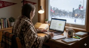 Cozy English literature student supplies featuring a laptop, open poetry book, and a large mug of tea, styled for a Canadian winter study session.