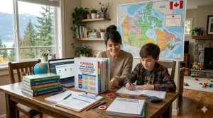 Canadian-themed math manipulatives like snowflake and maple leaf counters for elementary homeschool curriculum.