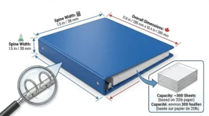 Technical infographic illustrating the dimensions and 300-sheet capacity of a 1.5 inch blue 3 ring binder for Grade 5 Canadian students, featuring bilingual text and subject icons.
