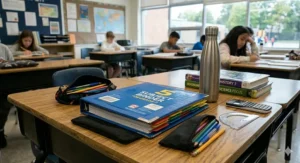 5 subject binder for grade 7 packed inside a student backpack. / Classeur 5 matières pour la 7e année rangé dans un sac à dos d'élève.