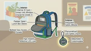The open interior of a Grade 2 backpack showing organized pockets for a lunch box, Canadian French-English dictionary, and notebooks.