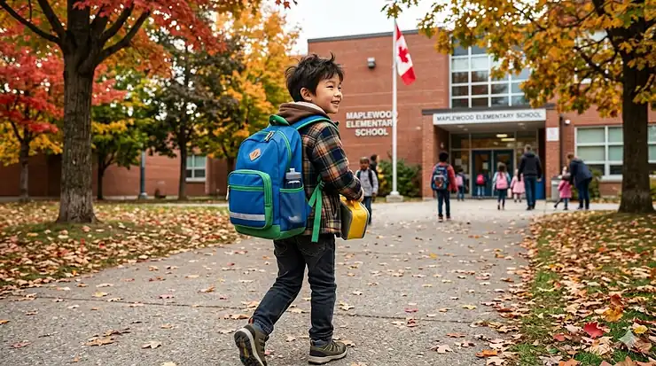 A Grade 2 student wearing a durable ergonomic backpack while walking to a Canadian elementary school in autumn.