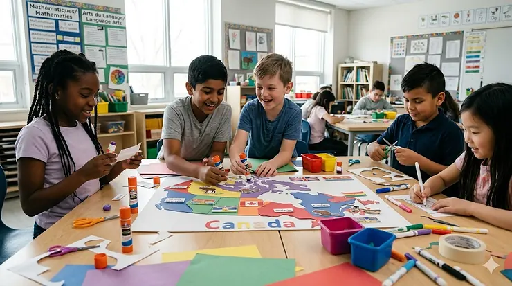 Diverse Canadian elementary students in a bright classroom using glue sticks for school projects involving colorful construction paper and maps of Canada.