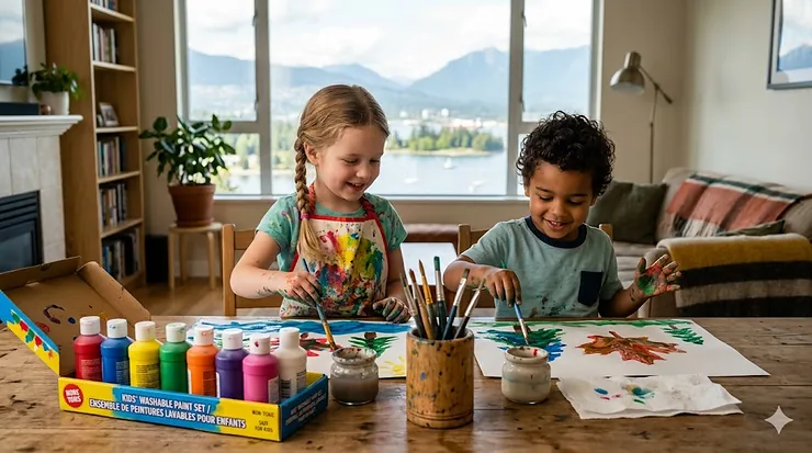 A Canadian family in a bright Vancouver living room watching two young children happily painting on large paper sheets using a non-toxic washable paint set for kids.