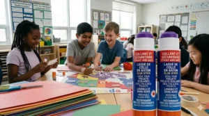 Professional illustration of glue sticks for school projects with English and French bilingual labeling, perfect for Canadian immersion schools.